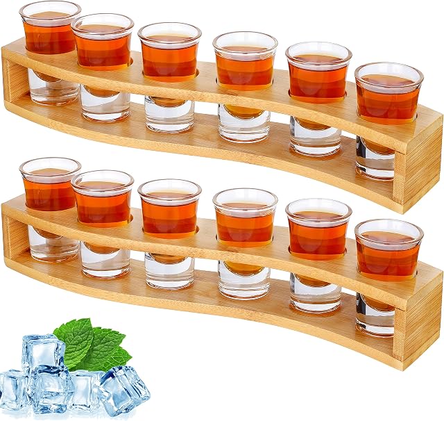 Shot Glasses Set of 12 Bulk Fun Shot Glasses and Holder 30ml/1oz Clear Crystal Shot Glass with Tray Serving Board Organizer for Liquor Shot Tequila Whisky Brandy Vodka Rum Cocktails Party