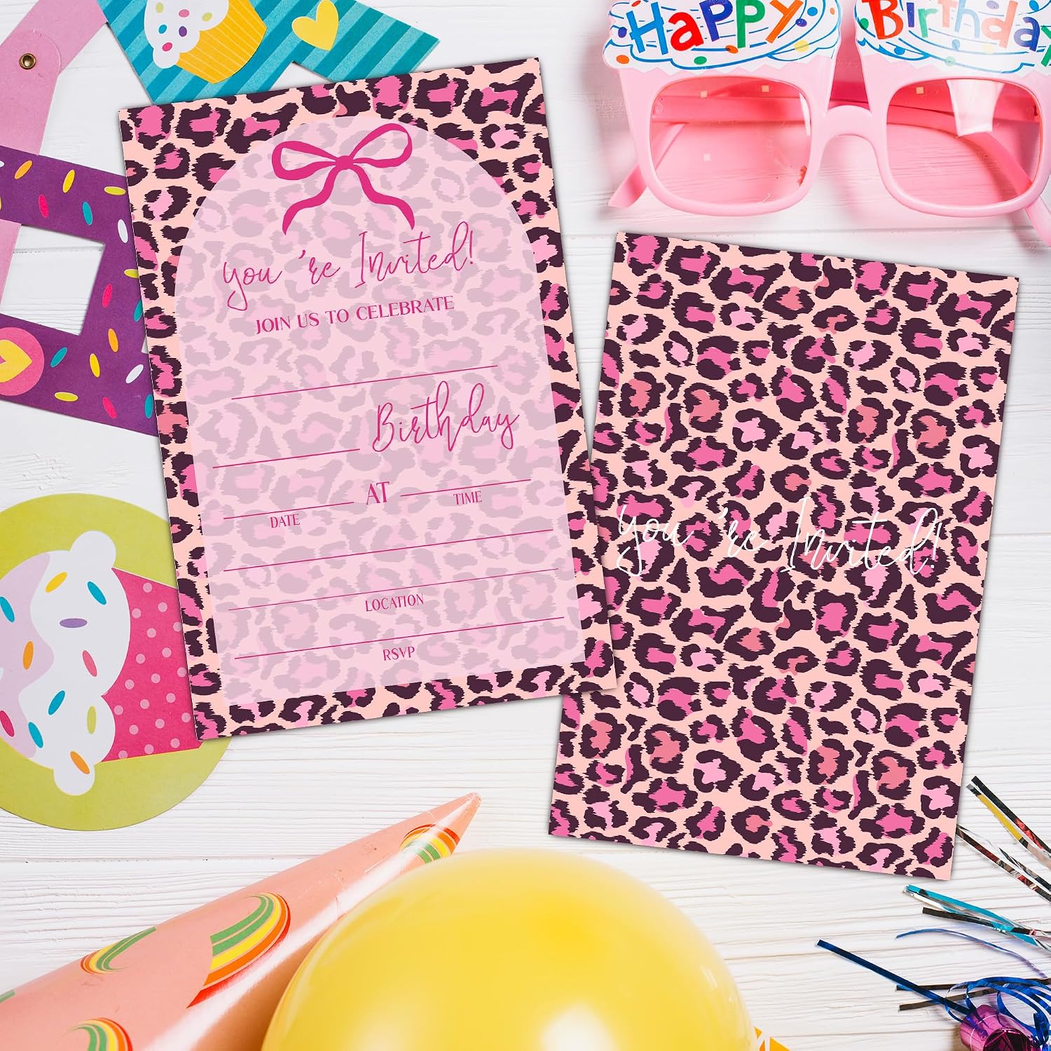 Cheetah Print Birthday Invitation - 20 Pink Bow Coquette Party Invite, 4 x 6 Inch Double-Sided Invitation with Envelopes, Cheetah Themed Party Decorations-A21