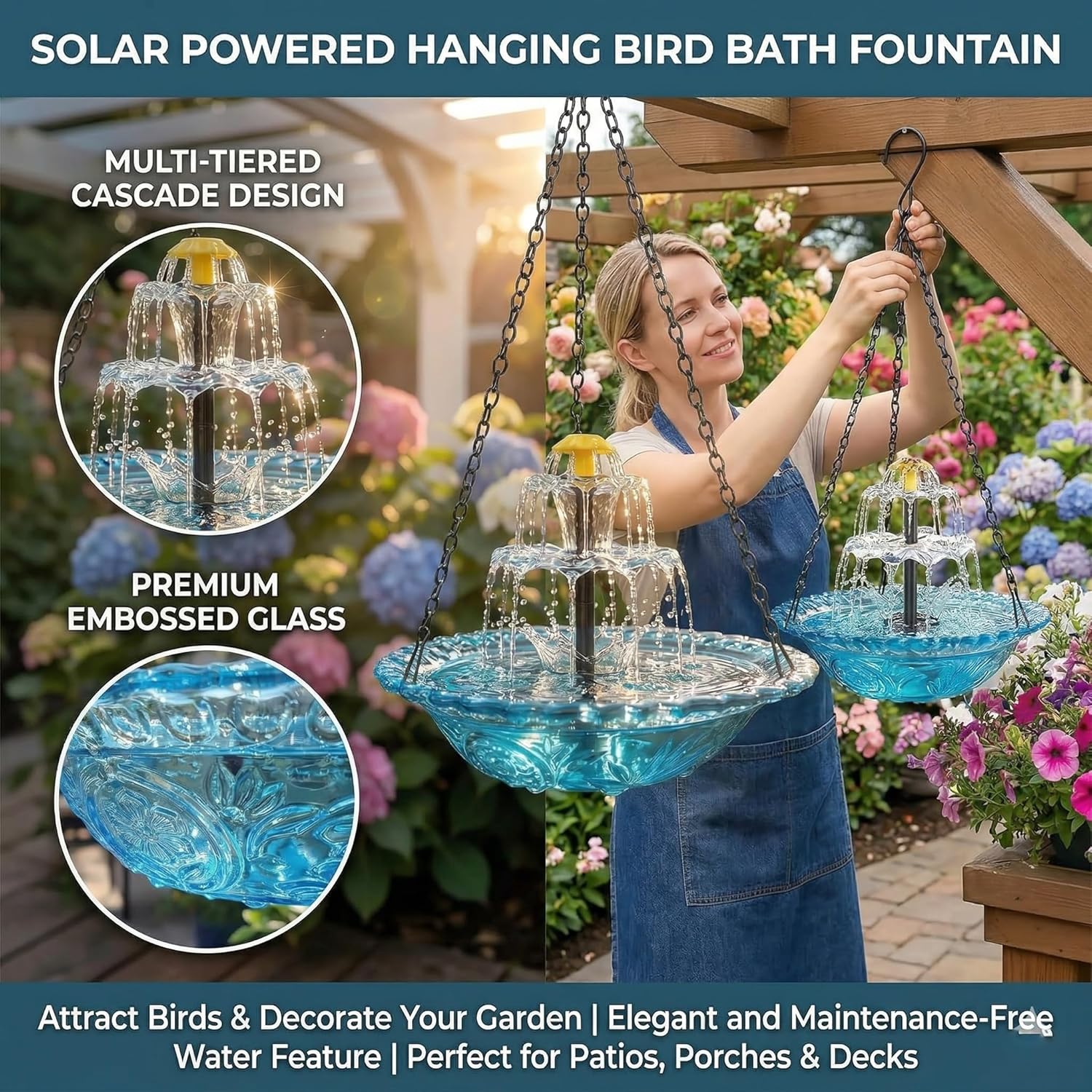 Solar Cascade Hanging Bird Bath Fountain - Durable Hanging Bird Bath with Weather-Resistant Chains, Tiered Solar Fountain for Bird Bath & Outdoor Garden Patio Decor (Blue)