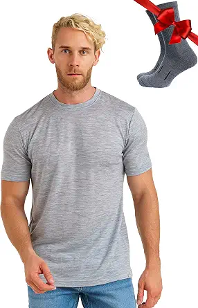 100% Merino Wool T-Shirt Men - Base Layer Top Undershirt with Hiking Socks