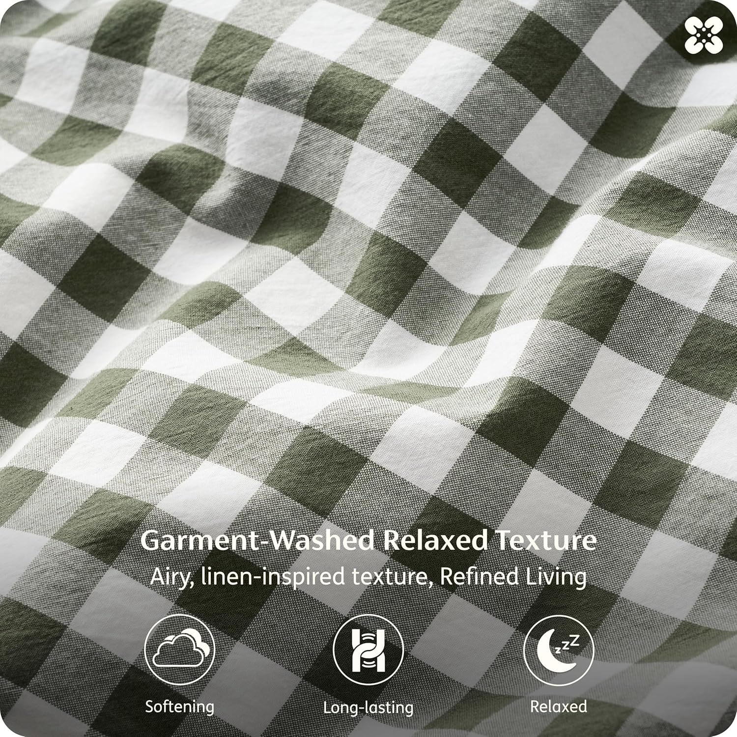 Bedsure Gingham Queen Sheet Set 6 Piece - 100% Washed Cotton Linen Feel, 18" Deep Pocket Breathable Checkered Yarn-Dyed Plaid Bedding, Farmhouse & PureWoven Comfy Bed Sheets (Olive Green, Queen)