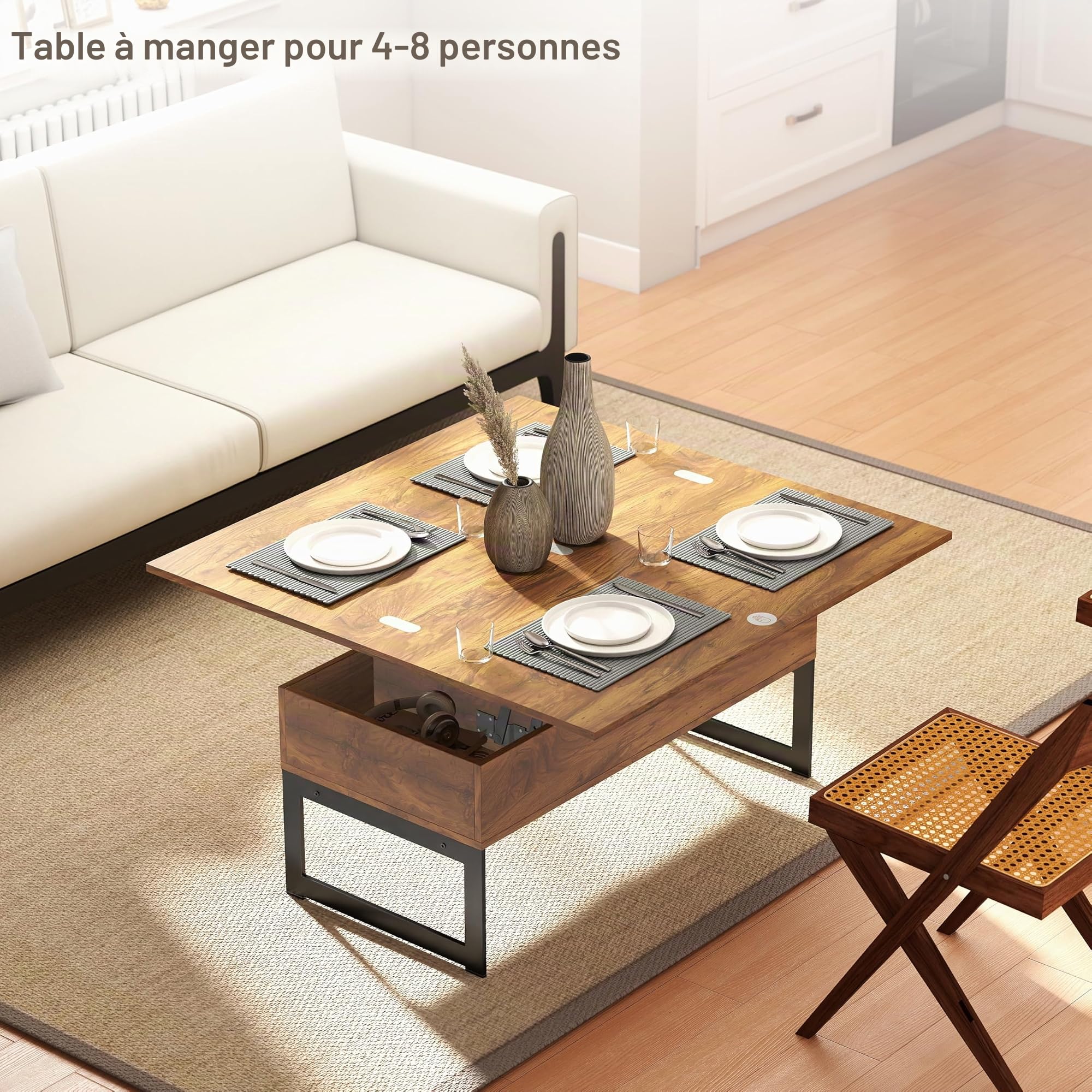 Manora Table basse multifonction convertible en table de salle à manger ou poste de travail pour salon, bureau à domicile, design compact avec rangement caché, marron