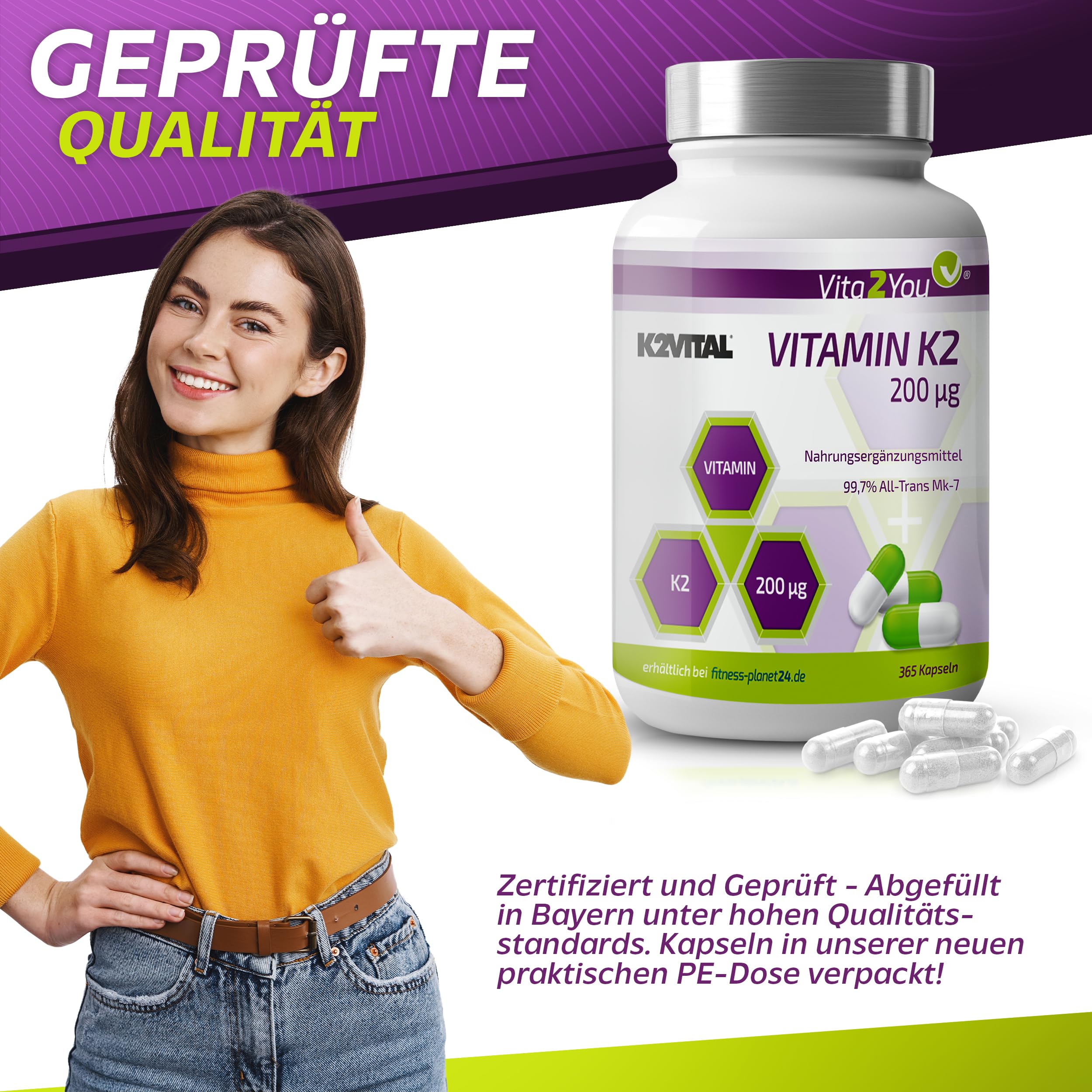 Vita2You Vitamin K2-200µg - 365 Kapseln - Original K2VITAL® - > 99,7% All-Trans - Jahrespackung - Natürliches Menaquinon MK-7 - Premium Qualität - Made in Germany
