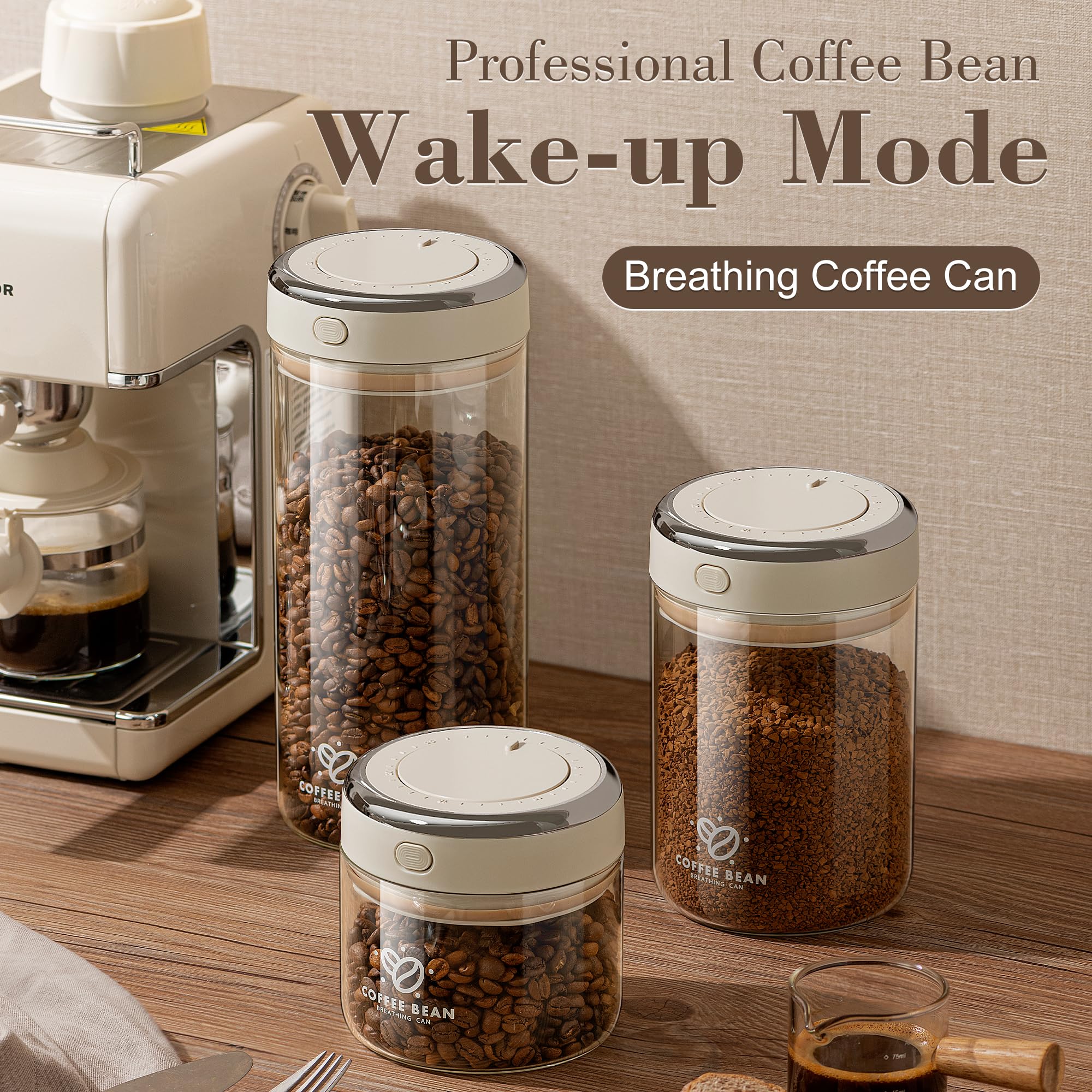 IRCtek Contenitore per chicchi di caffè con valvola unidirezionale, coperchio ermetico, datario, per caffè e altri alimenti freschi e conservati, in vetro borosilicato trasparente (371,4 g)
