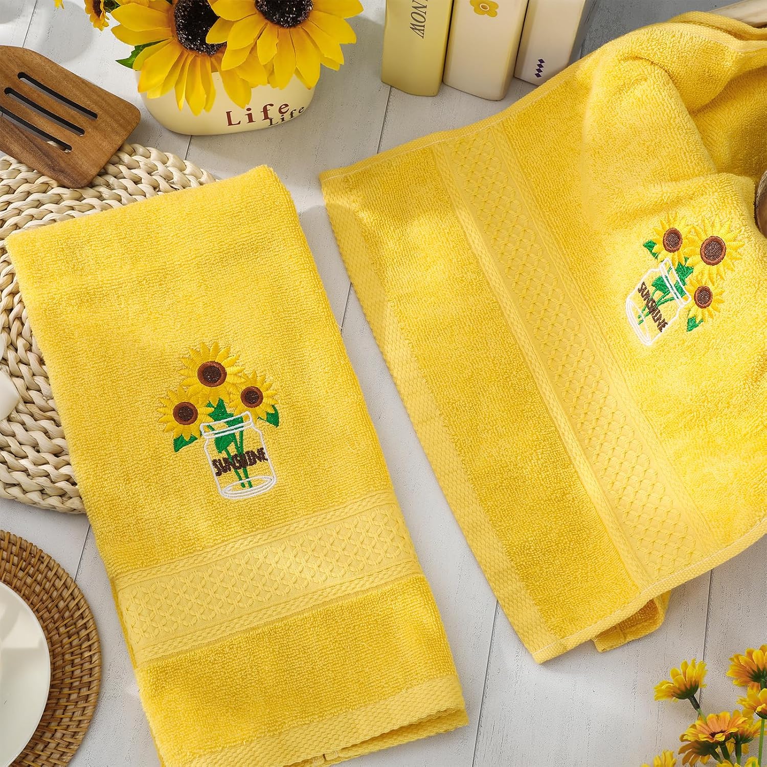 JarThenaAMCS 2Pcs Summer Sunflower Hand Towels Yellow Cotton Embroidered Bathroom Towel Floral Farmhouse Decorative Dish Towel for Home Bathroom Kitchen Decor, 13.8 x 29.5 Inch