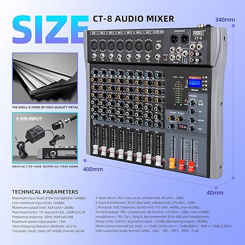 Miniatura 2 de Mezclador de audio Froket CT-8 Consola de mezcla de sonido profesional de 8 canales con Bluetooth USB 48 V Potencia en tiempo real Función de