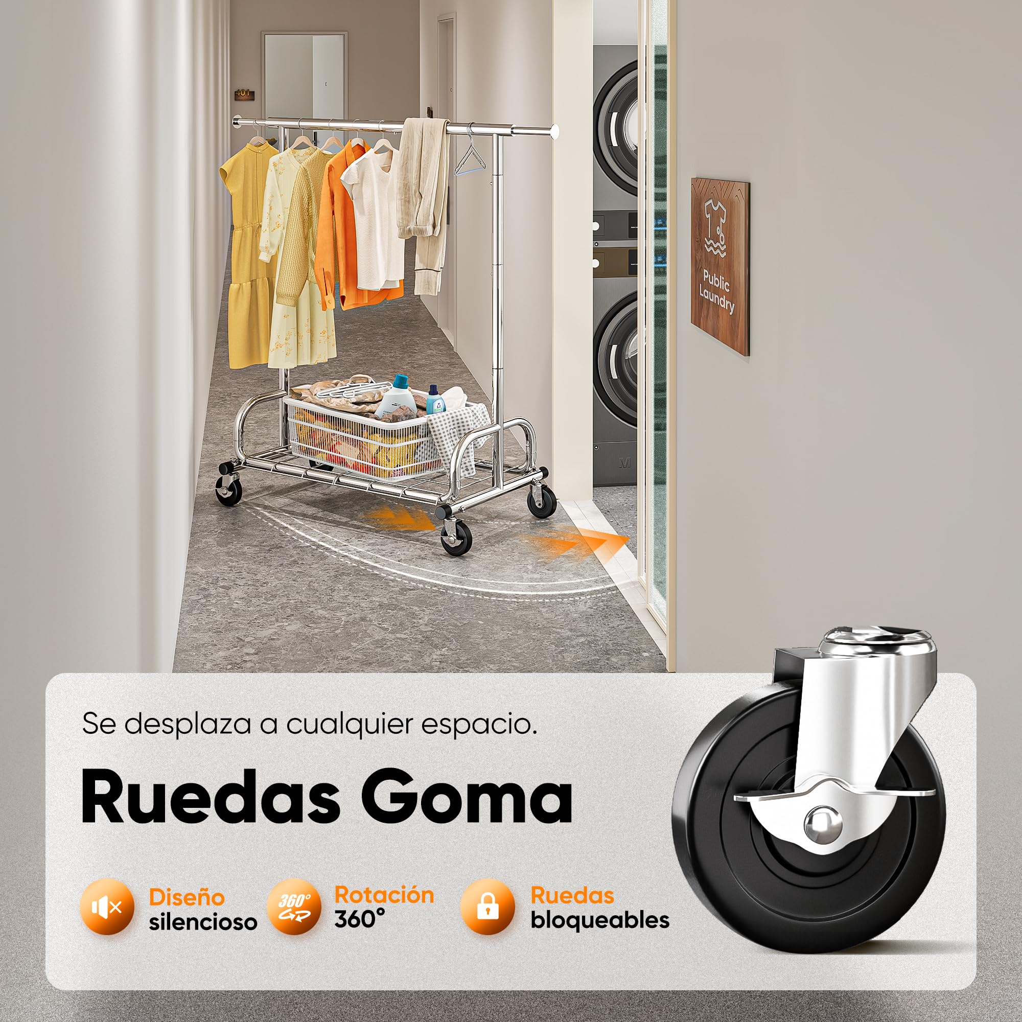 HOKEEPER Burro de Ropa Resistente 136kg, Barra Extensible con Ruedas Bloqueables y Estante, Ahorra Espacio para Dormitorio, Apartamento Pequeño, Lavandería, Plateado