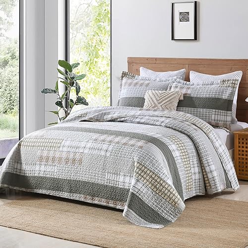 Miniatura 3 de PERHOM Edredón tamaño Queen  Juego de edredón 100% algodón Queen, acogedor juego de ropa de cama de retazos a cuadros tamaño Queen, colchas