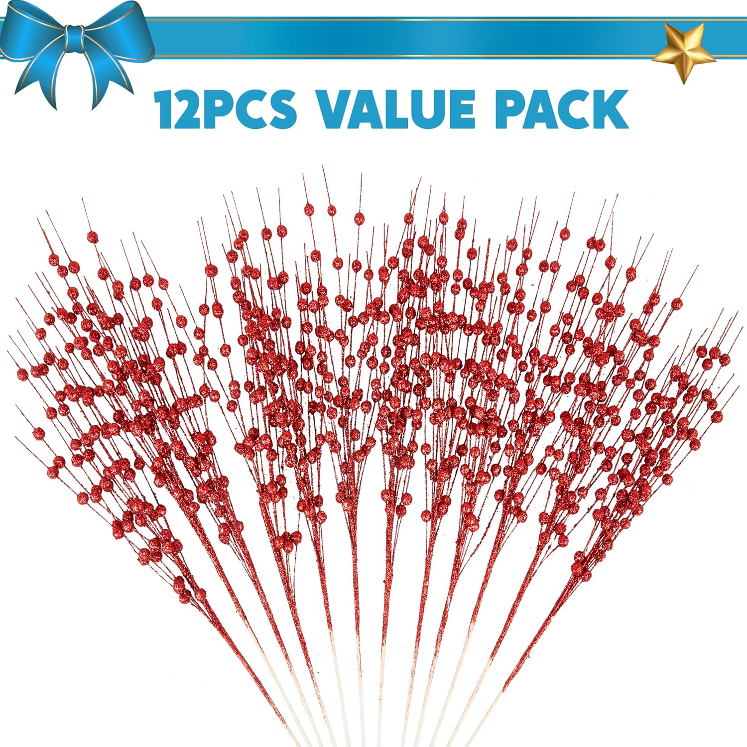Joiedomi 12 Pcs Red Christmas Glitter Berry Stem Ornaments, Christmas Decorative Bead Sticks, 17” Artificial Glitter Twigs for Xmas Tree Decor, Wreath DIY Crafts, Holiday Party Supplies Wedding Decor