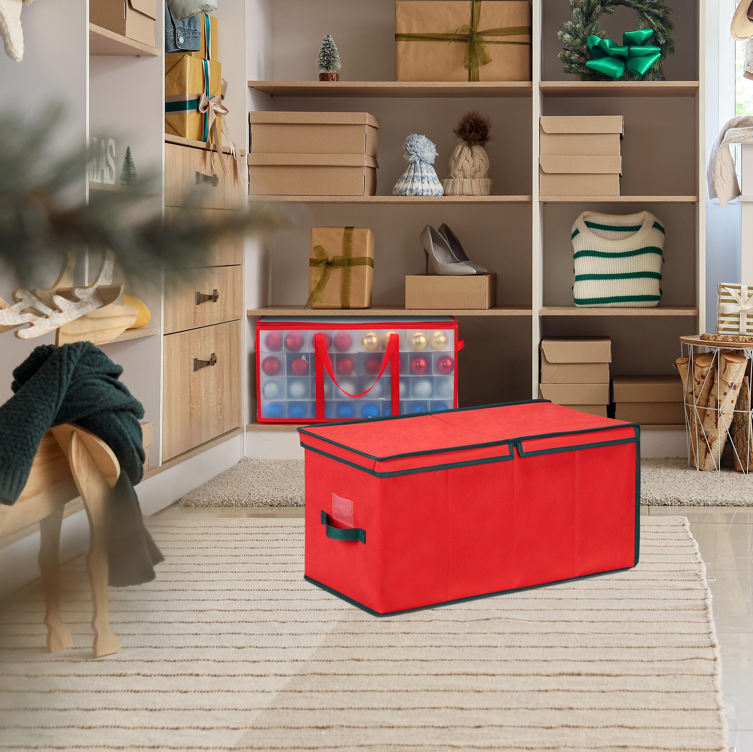 Relaxdays Scatola per Palline di Natale, Borsa Porta Palle e Addobbi Natalizi a 128 Scomparti, 30x30x60 cm, Rosso Verde