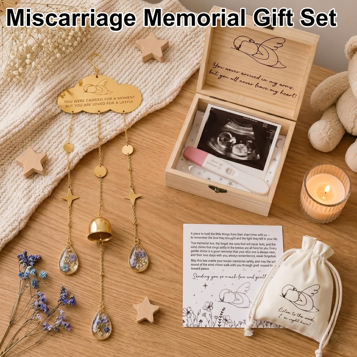 Miscarriage Gifts for Mothers - Angel Baby Memorial Wood Keepsake Box & Gold Wind Chime Set, Infant Loss Sympathy Care Package, Pregnancy Comfort Gift for Grieving Mom, Sister, Friend (Blue)