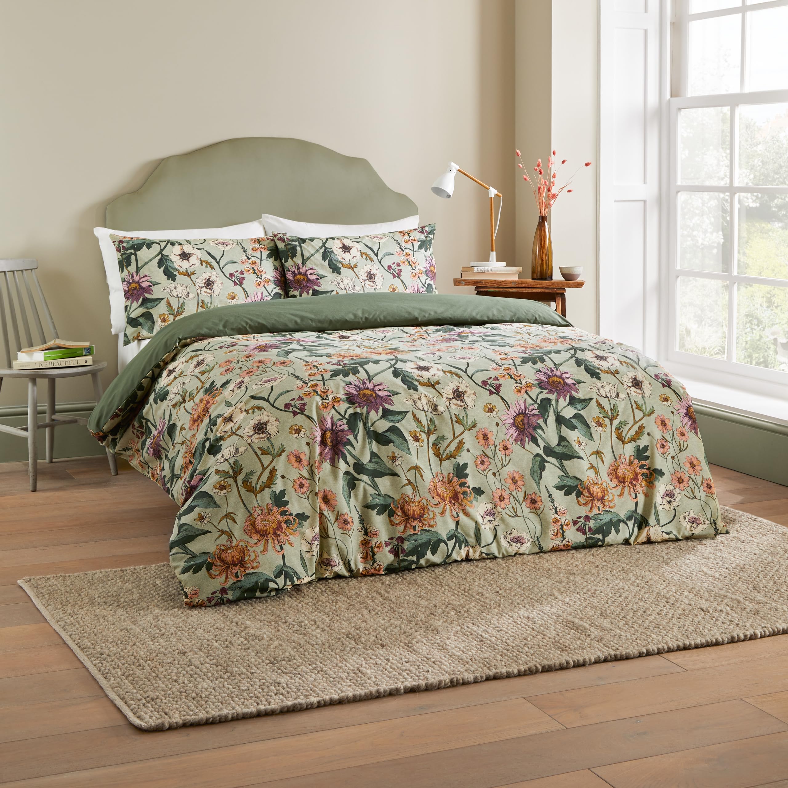 Wylder Nature Wallflower Botanical Duvet Cover Set - Vintage Botanics Linen Look (Celadon Green - Super King) - Image 4