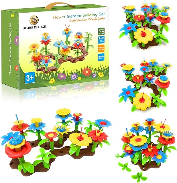 Desire Deluxe Girls Toys for 3 Year Old Kids Flower Build A Garden Toy Building Blocks Set for Baby, Children - Indoor & Outdoor Floral Arrangement for Kids 54pc