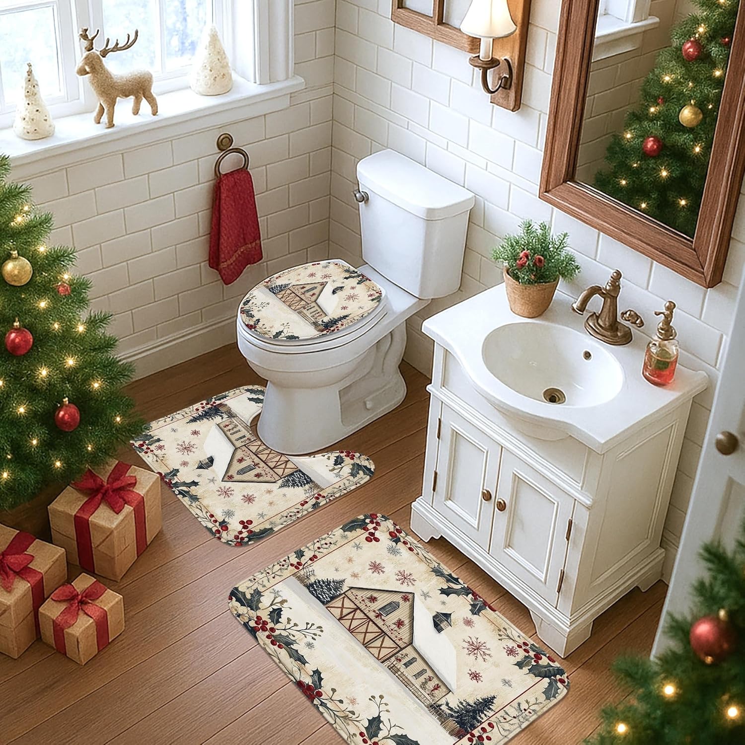 4PCS Winter Farmhouse Merry Christmas Bathroom Sets with Non-Slip Rug, U Shape Toilet Lid Cover Mat, Country Barn Xmas Scenic Bathroom Decoration 72''x72''