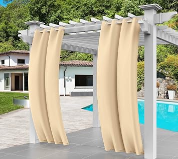 Outdoor Curtains for Patio - Waterproof 132 x 245 CM Heavy Duty Shade & Privacy Screen for Garden, Gazebo, Porch, UV Blocking & Rain Resistant Beige, Top & Bottom Grommet
