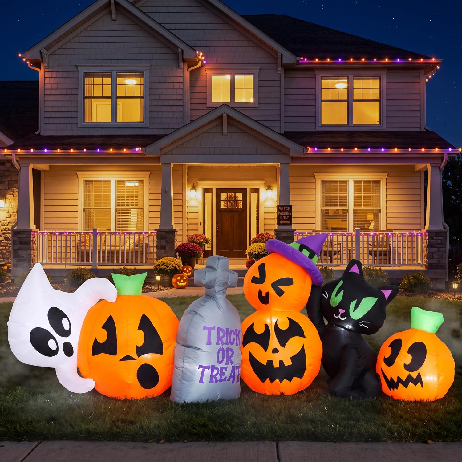 Joiedomi 8 FT Long Halloween Inflatables Outdoor Decoration, Halloween Blow Up Decorations Outside Inflatable Pumpkin Ghost Cat Tombstone with LEDs for Yard Decor