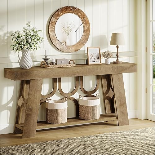 Miniatura 3 de Tribesigns Mesa consola de 63 pulgadas con patas arqueadas, mesa de entrada de granja grande de 2 niveles para pasillo, sala de estar o dormitorio,