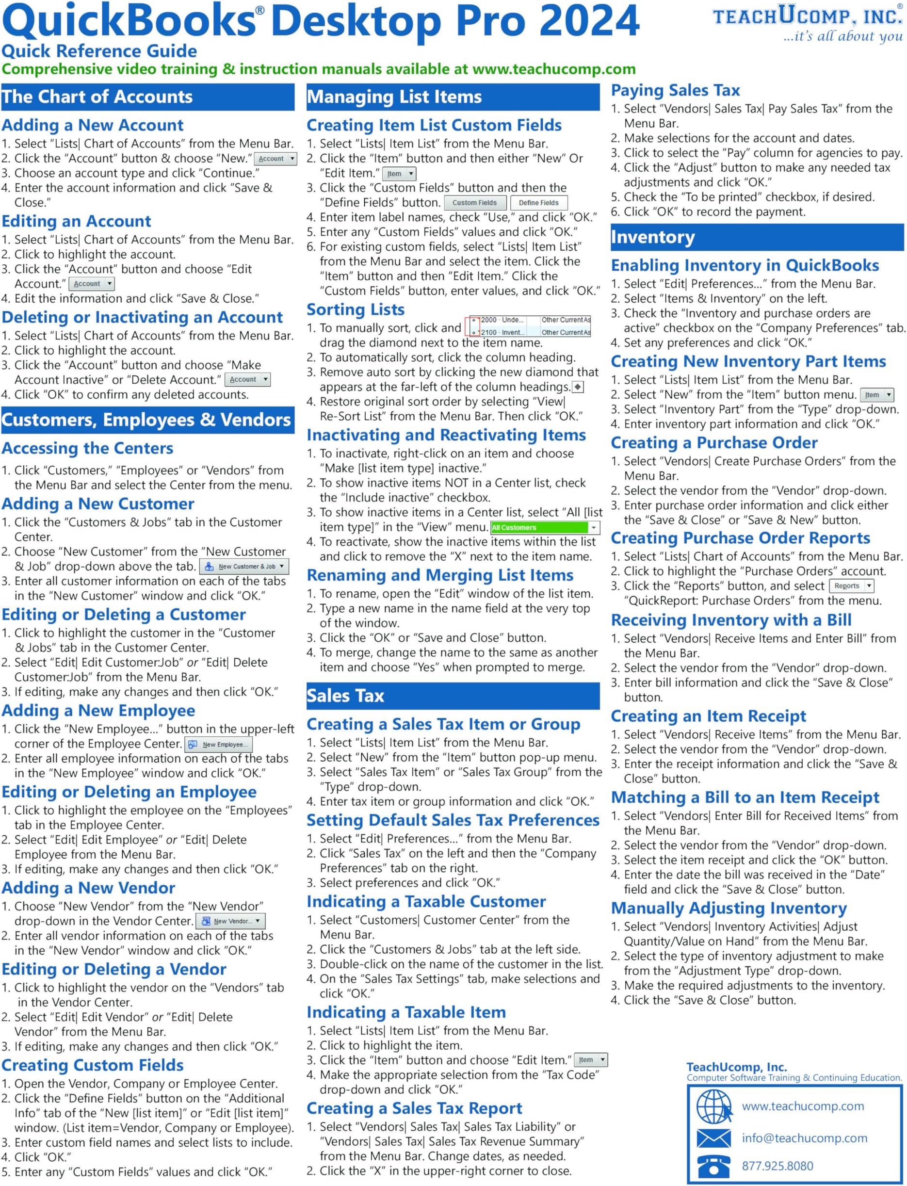 QuickBooks Desktop Pro 2024 Quick Reference Training Card - Laminated Tutorial Guide Cheat Sheet (Instructions and Tips)
