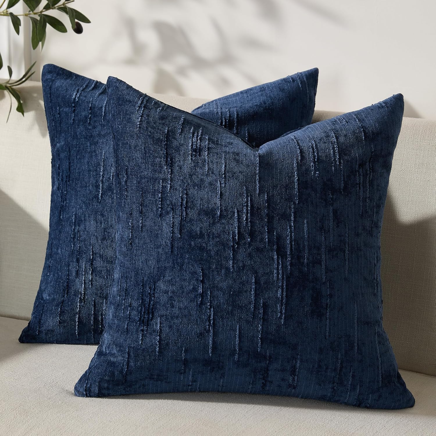 Set of 2 Summer Decorative Throw Pillow Cover 20x20, Solid Farmhouse Neutral Cushion Covers with Hidden Zipper, Soft Textured Throw Pillows for Bedroom Living Room Couch, Blue