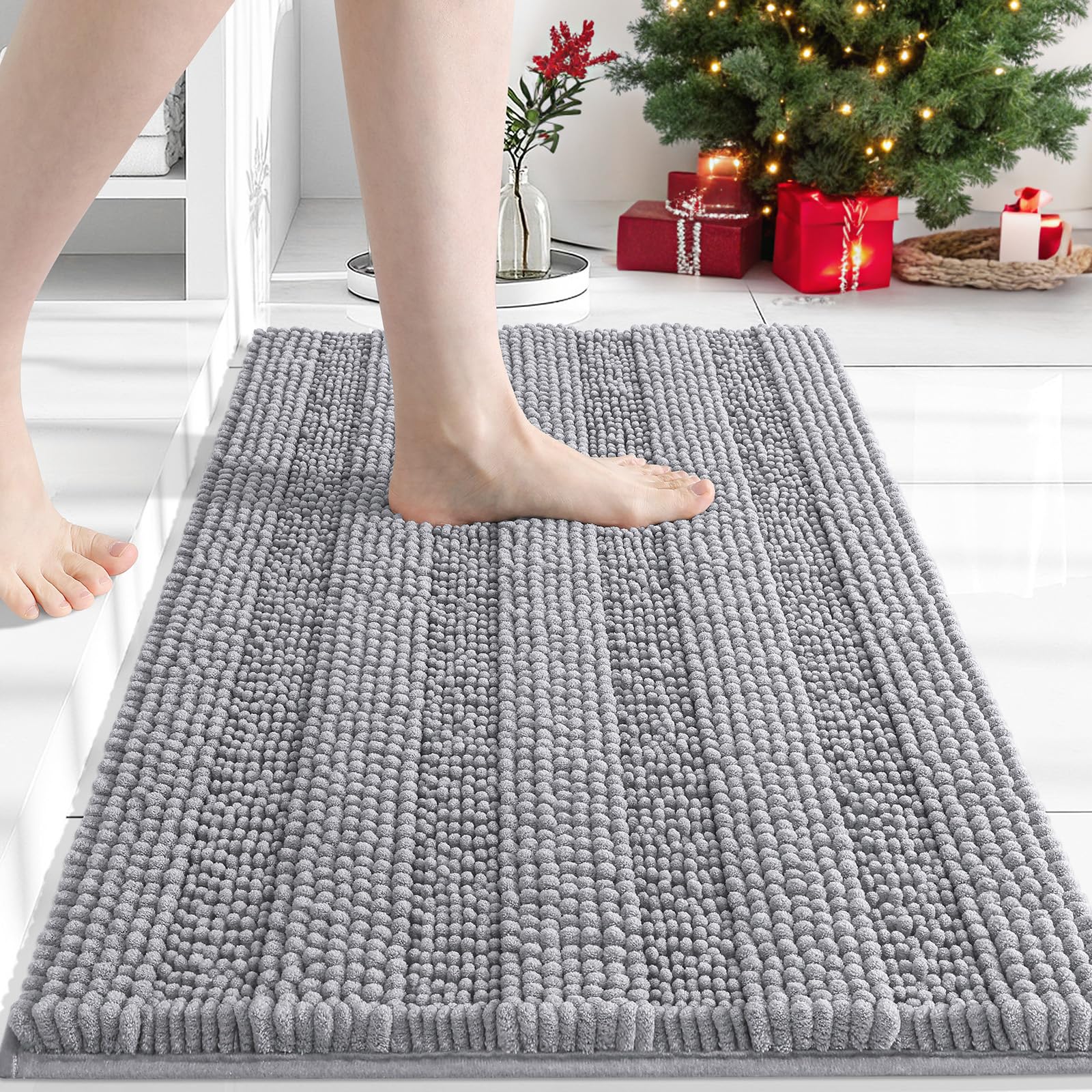 Grandaily Chenille Striped Bathroom Rug Mat, Extra Thick and Absorbent Bath Rugs, Non-Slip Soft Plush Shaggy Bath Carpet, Machine Wash Dry, Bath Mats for Bathroom, 24x16, Grey