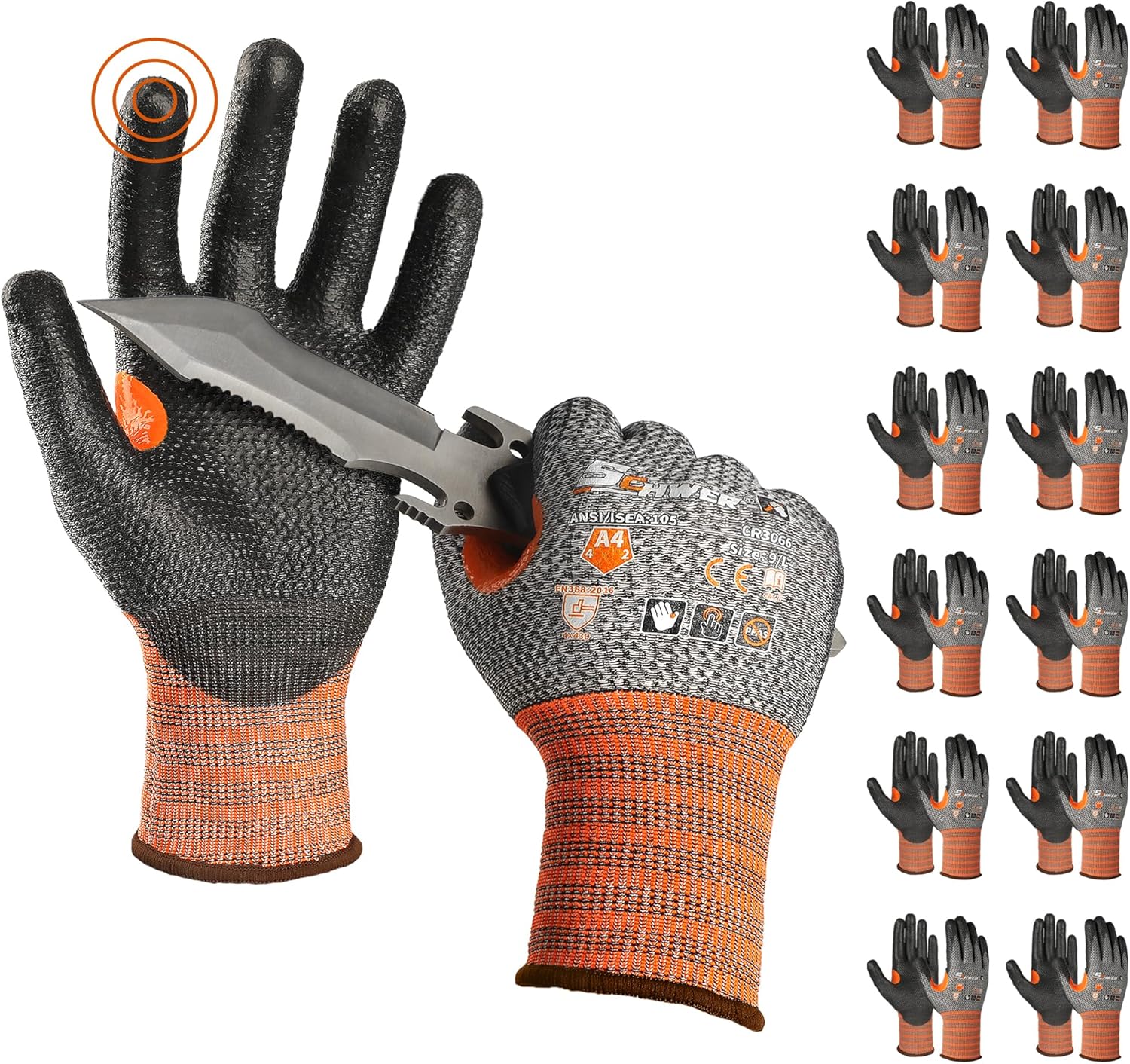 Schwer 12 Pairs Cut Resistant Work Gloves, CR3066 ANSI A4 Cut Proof Gloves with PU Coating, Touch-Screen, Non Slip, Reinforced Thumb, Wire & Fiberglass Free, Durable Working Gloves for Construction, L