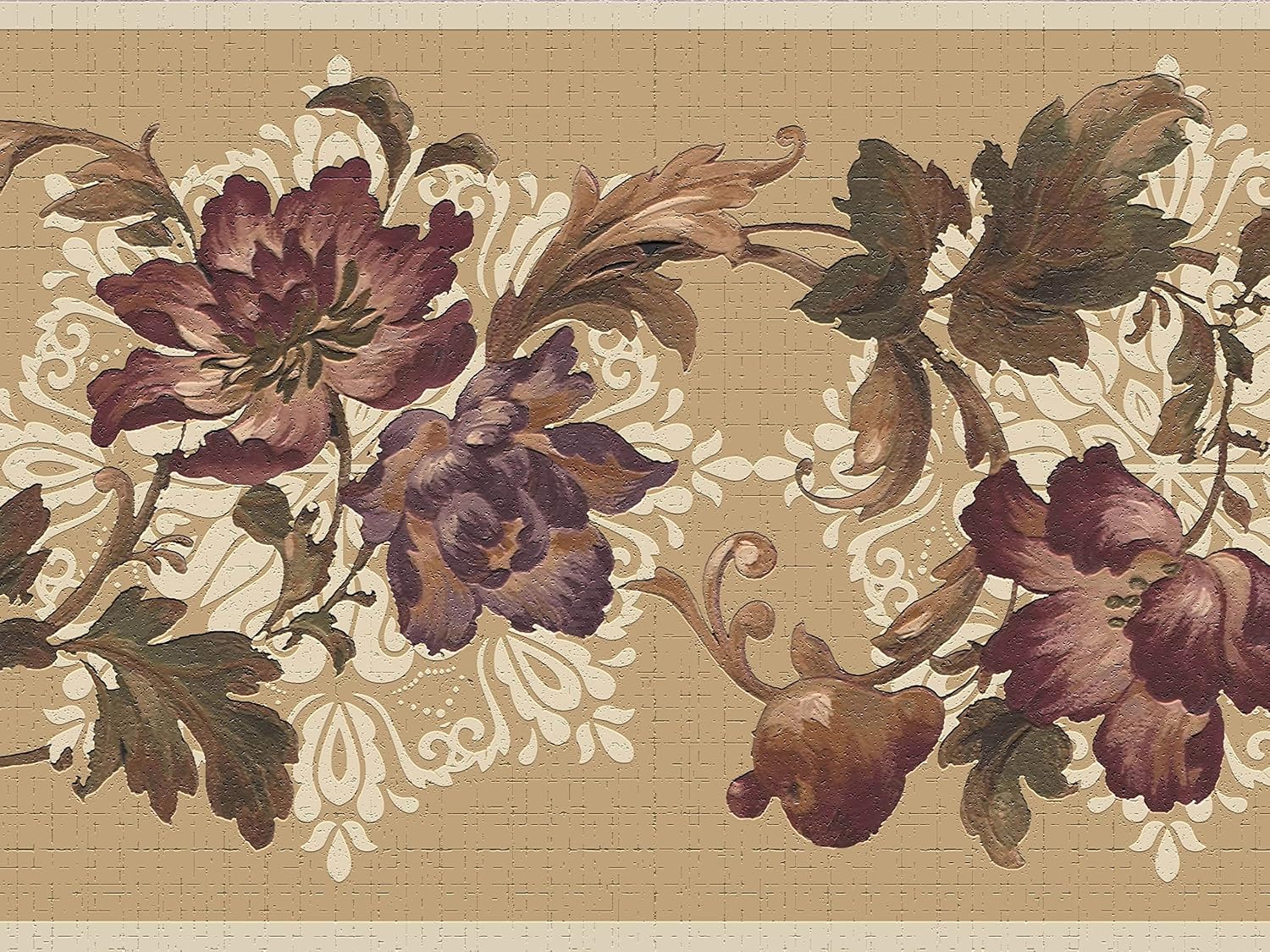 Dundee Deco Wallpaper Border Peel and Stick DDAZBD9233 - Floral Brown Burgundy Beige Flowers and Leaves Wall Border Retro Design, 15 ft x 7 in (4.57m x 17.78cm), Self Adhesive