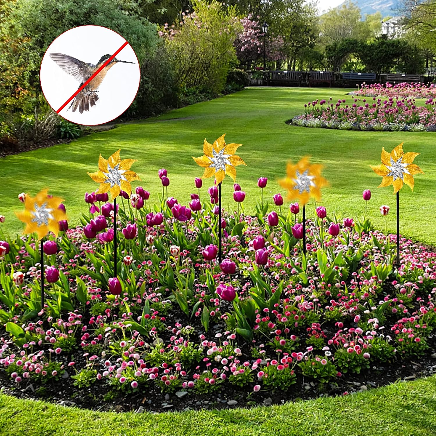Hausse 10 Pack Reflective Pinwheels with Stakes (Assembly Required), Extra Sparkly Pin Wheel for Garden Decor, Bird Repellent Devices Deterrent to Scare Birds Away from Yard Patio Farm, Golden