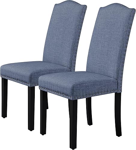 Topeakmart Silla de comedor tapizada de tela con ribete de cabeza de clavo y patas de madera maciza para el hogar, cocina y restaurante, 2 unidades,