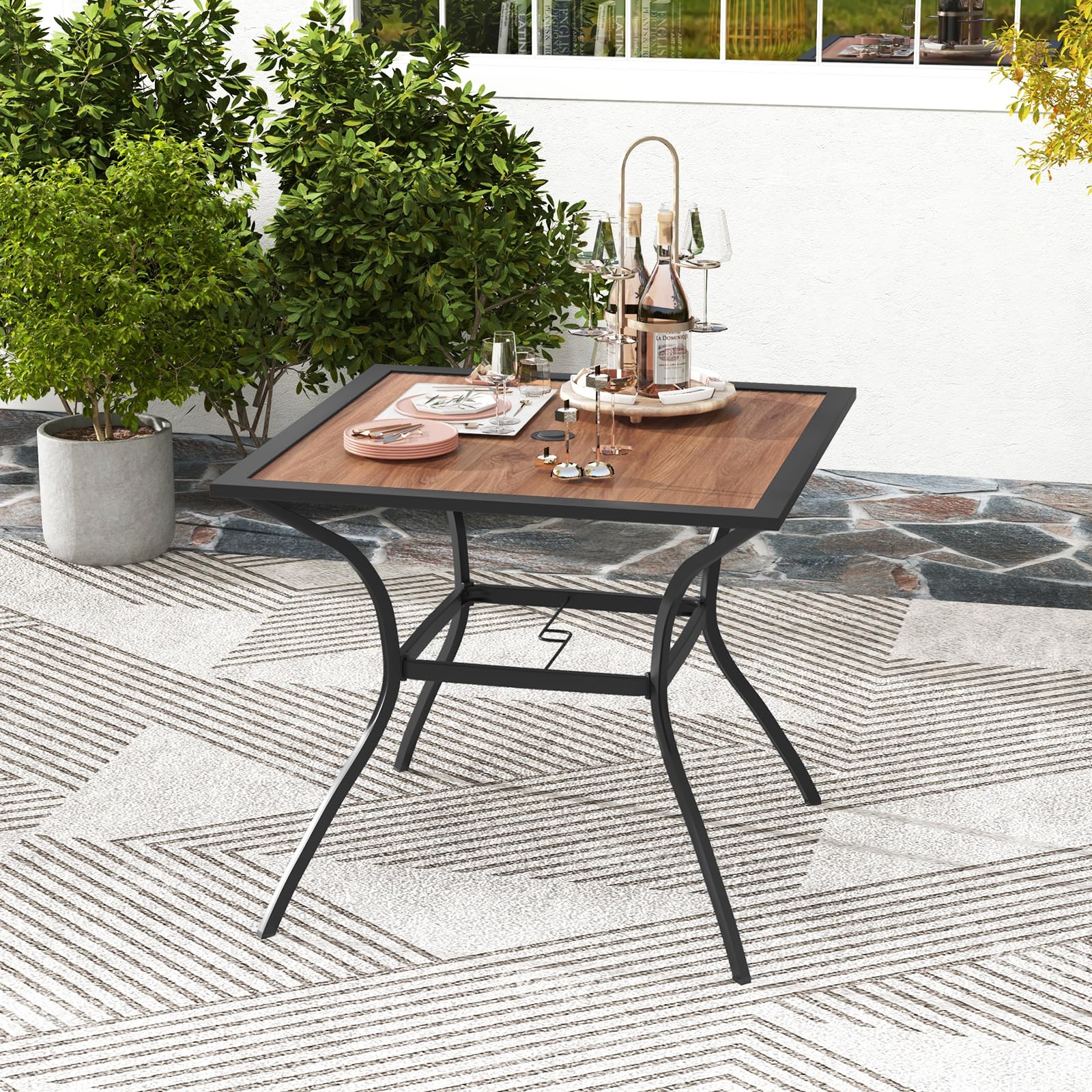 COSTWAY Tavolo da Pranzo da Giardino per 4 Persone con Foro per Ombrellone | Tavolo Quadrato da Esterno 85 cm con Piano in Legno e Telaio in Metallo, Portata 80 kg