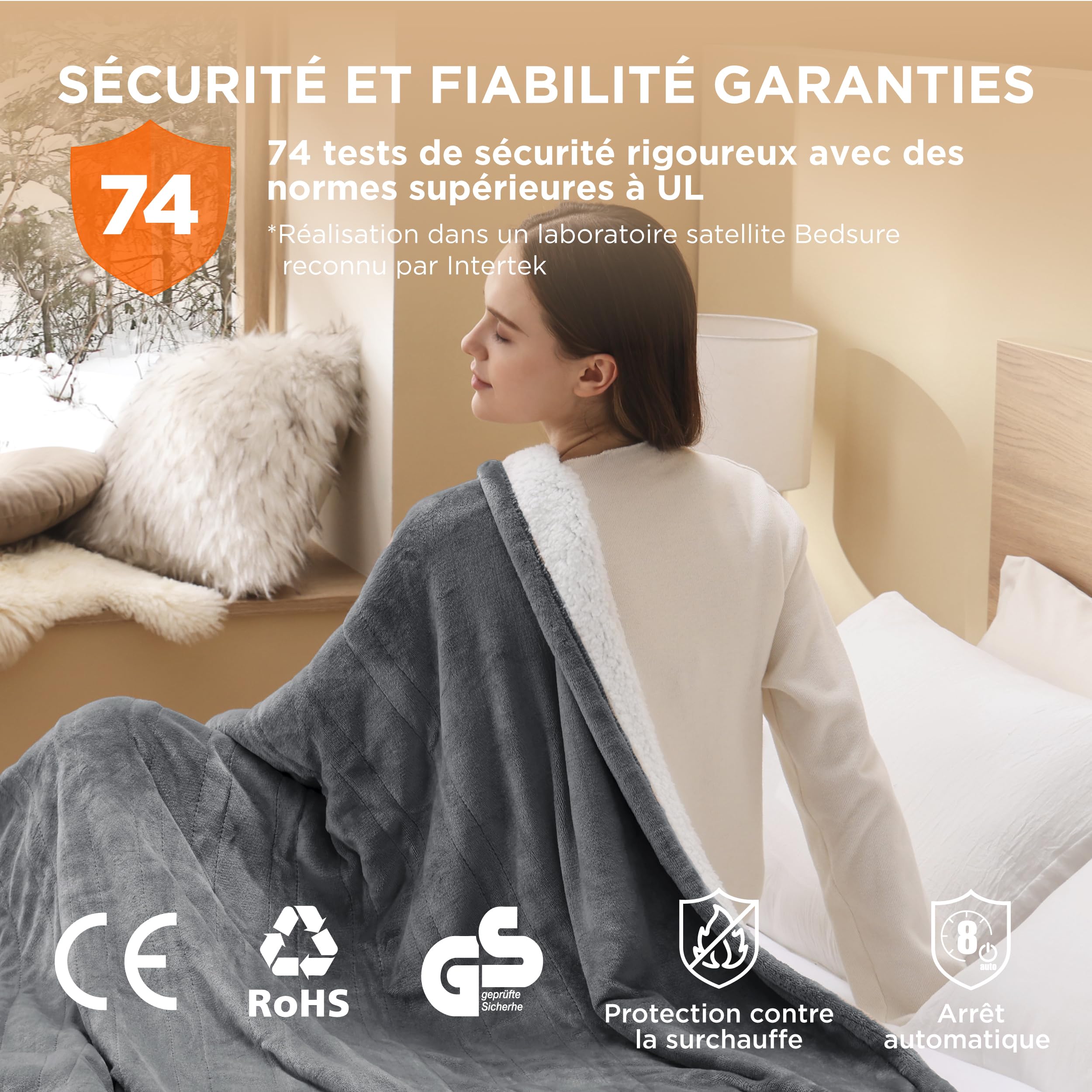 Bedsure Couverture chauffante 130x180 cm, arrêt Automatique, 6 Niveaux de Chaleur, minuterie 10h, Protection surchauffe 8h, Douce électrique pour Maison & Bureau, Gris