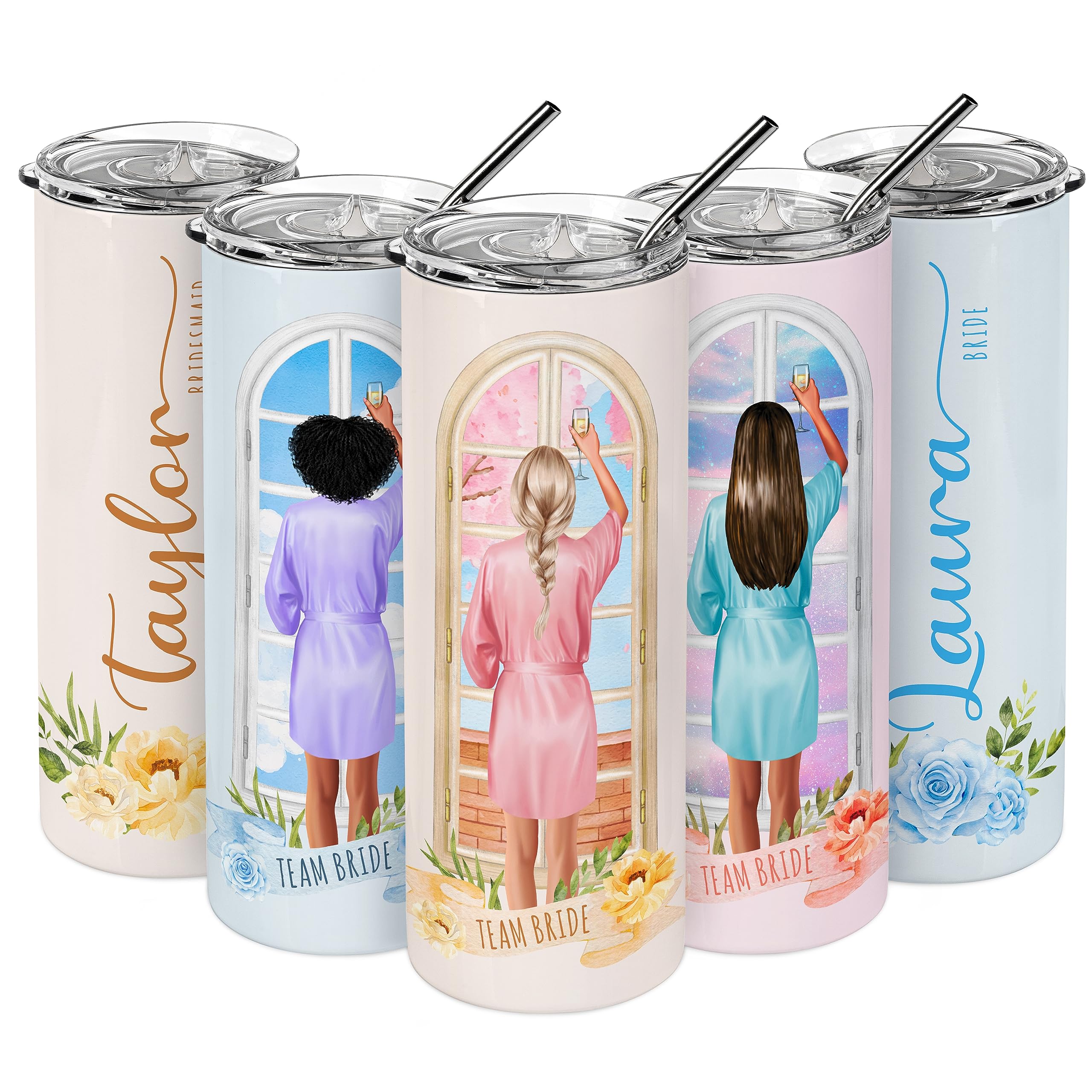 Lara Laser Works Set of 5, Bridesmaid Gifts, Personalized Bridesmaid Skinny Tumbler 20oz w/Straw | 3 Optional Designs, 32 Hair Styles & 6 Robe Colors | Bridesmaid Proposal Gifts