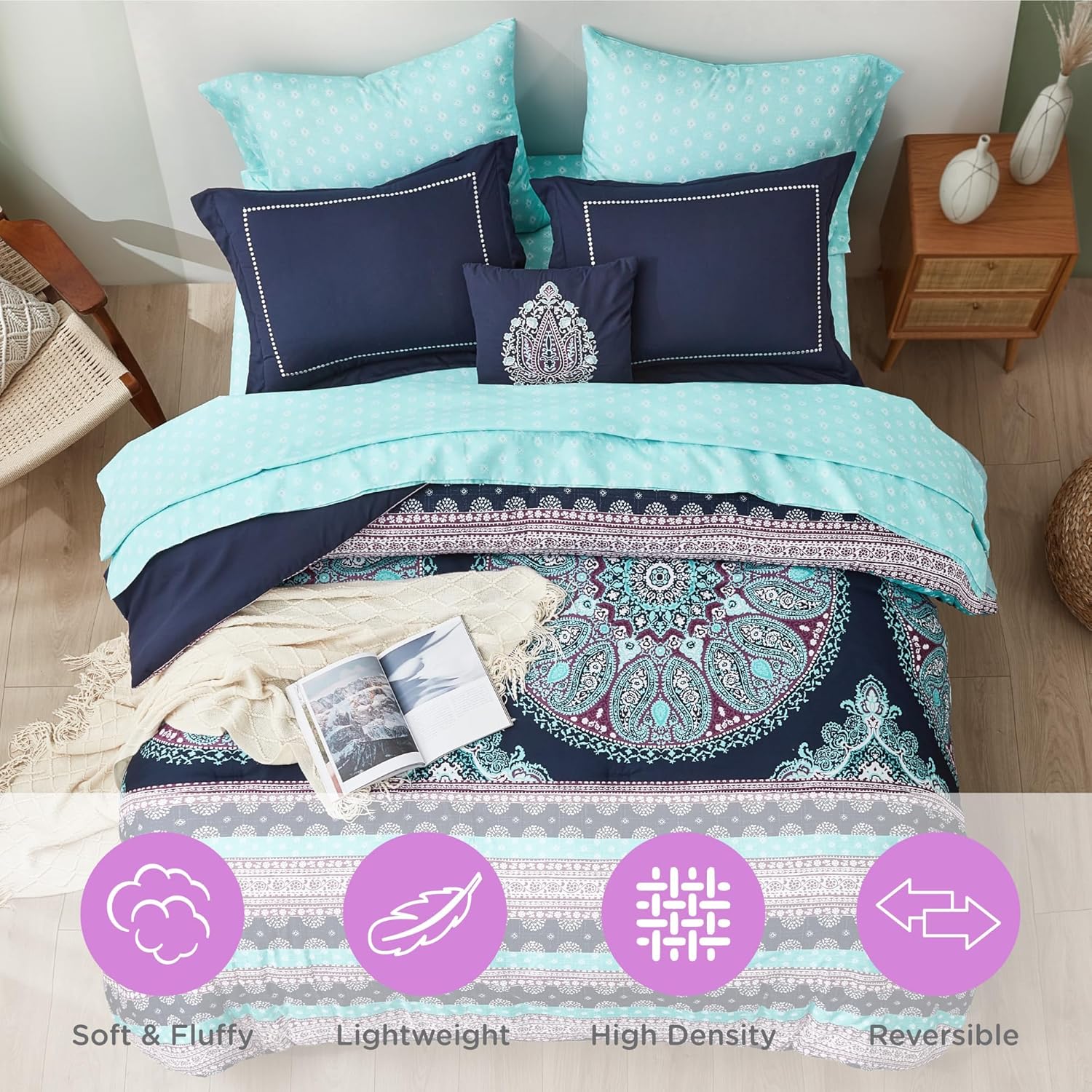 Degrees of Comfort Teen Twin Complete Comforter Sets for Girls, Boho Medallion Tween Bed in A Bag 6 Piece, Blue Microfiber Bedding Set with Sheets, Matching Decorative Pillow - Image 7