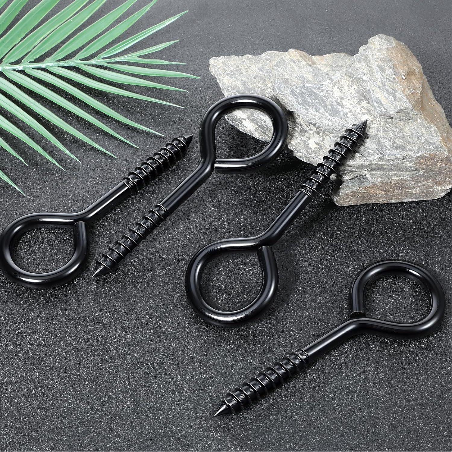 12 Pack 5 Inch Heavy Duty Black Screw Eye Hooks, Eye Bolts Screw in Hook Carbon Steel, Eyes Hammock Stand Hooks Screws for Wood Securing Cables Wire, Heavy Indoor & Outdoor Uses