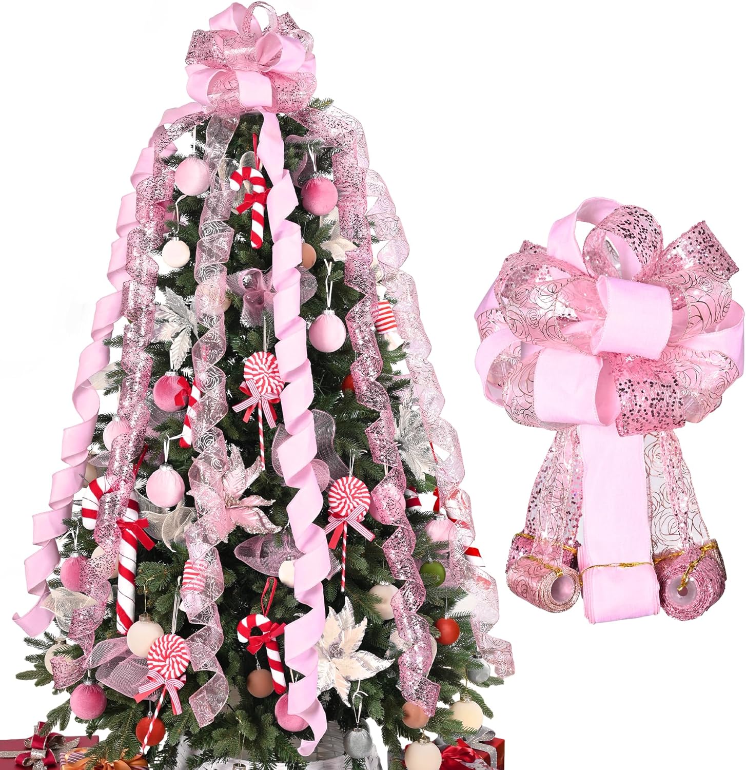 Pink Glitter 11 Inch Valentine's Day Bow with 6 Ribbon Streamer Tails Each 3 Yards Long Large Handmade Ribbon Bow for Spring Holiday Party Wedding Decoration