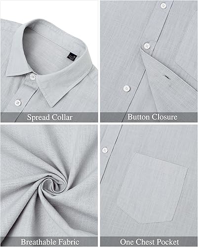 Miniatura 5 de J.VER Camisas de manga corta de lino y algodón para hombre, estilo informal, ligeras, con botones, para vacaciones, playa y verano, con bolsillo