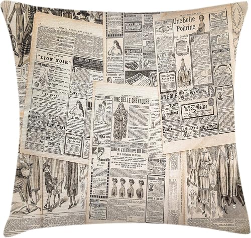 Ambesonne Funda de cojín retro, fondo de periódico francés vintage con el diseño gráfico nostálgico y antiguo del pasado, funda de almohada cuadrada