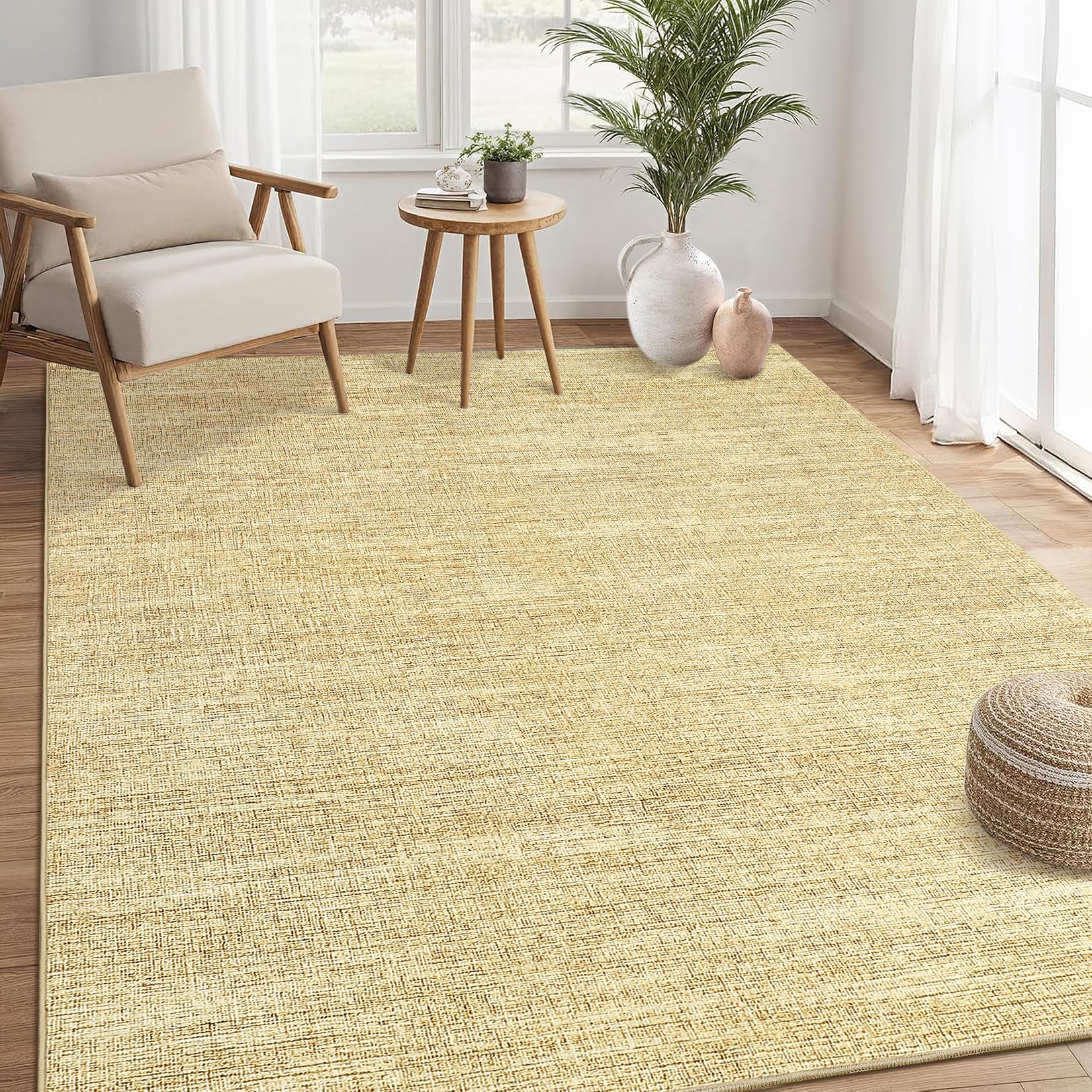 5x7 Washable Rugs Non Slip Minimalist Area Rug for Bedroom Soft Low Pile Solid Color Large Bedroom Throw Carpet Stain Resistant Classic Neutral Area