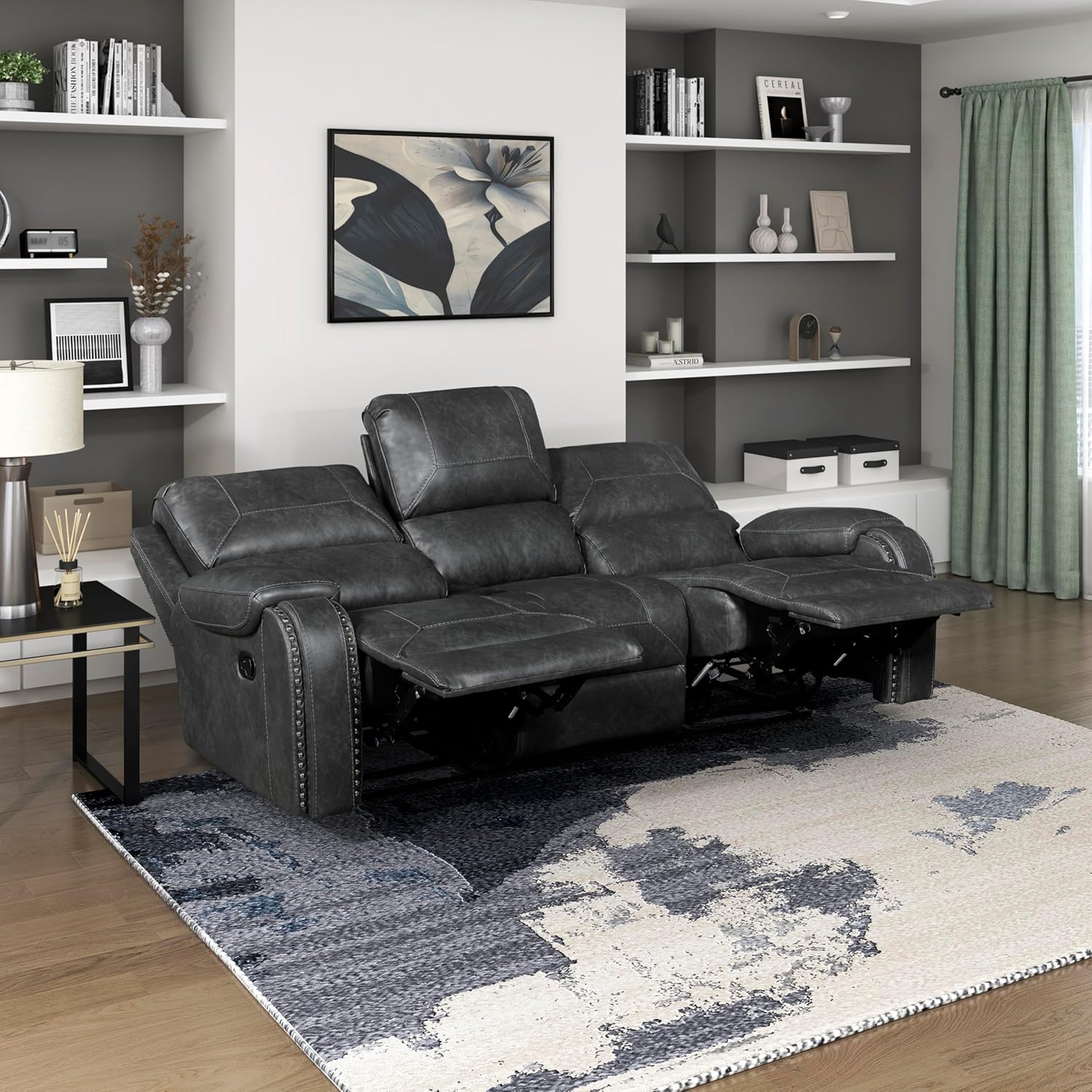 Lexicon Modern Double Recliner Sofa, Faux Leather Reclining Sofa with Nailhead, Center Drop-Down Cup Holders, Receptacles, USB Ports, Manual Recliner Couch Sofa for Living Room/Office/Apartment, Grey