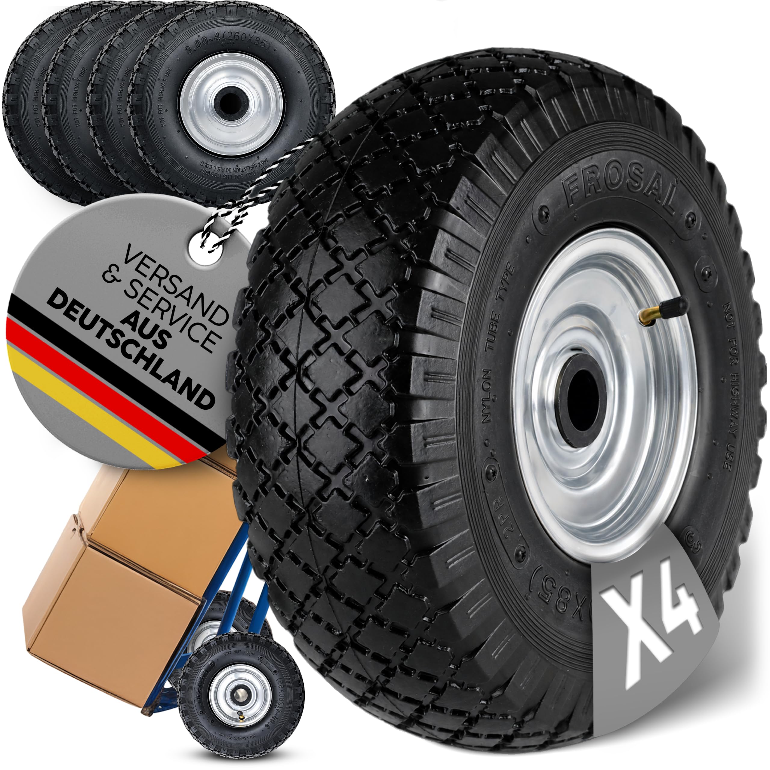 FROSAL 4x Luftrad 3.00-4 260x85 Stahlfelge 20 mm / 50 mm