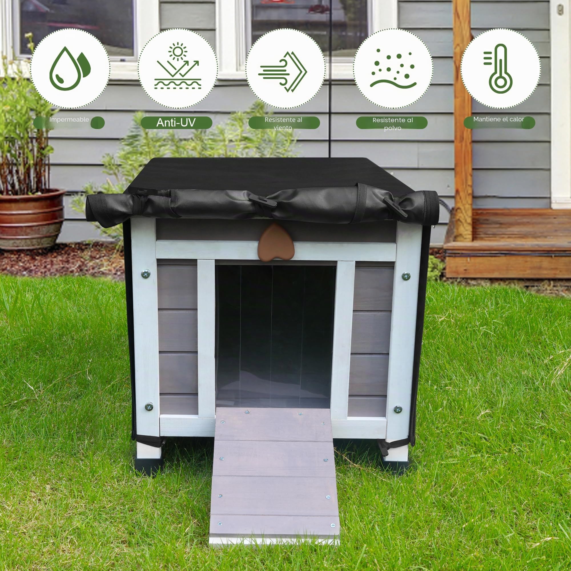 Casa para gatos con funda impermeable de madera para gatos, para mascotas pequeñas, con funda de 42 x 51 x 43 cm (gris)