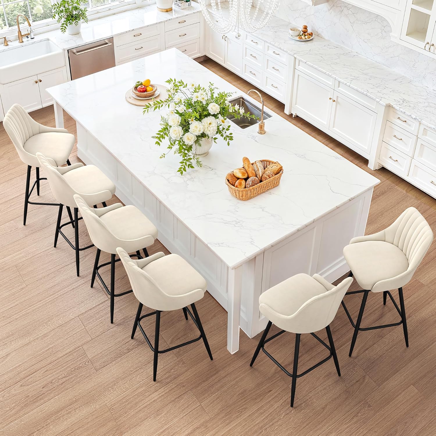 LUE BONA Counter Height Bar Stools Set of 2, 26'' Swivel Modern Barstools with armrests and Metal Legs, Upholstered Bar Chairs, Linen Fabric Bar Stools for Kitchen Island, Cream Color