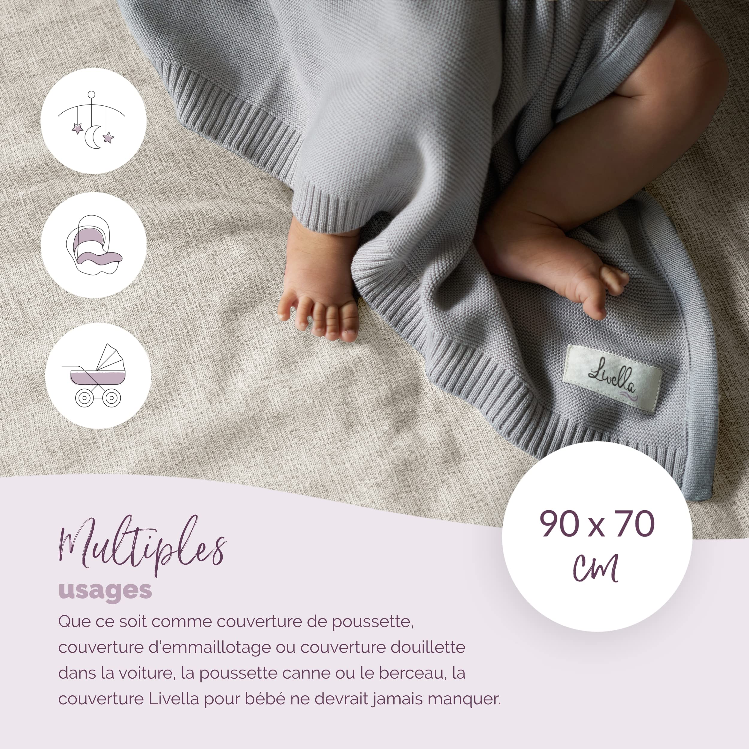 Livella Couverture Bébé 100% Coton Biologique, Couverture en Tricot de Qualité Supérieure, Super Douce et Respirante, Parfaite pour la Peau Sensible de Bébé, Certifiée Oeko-TEX Standard 100 et GOTS