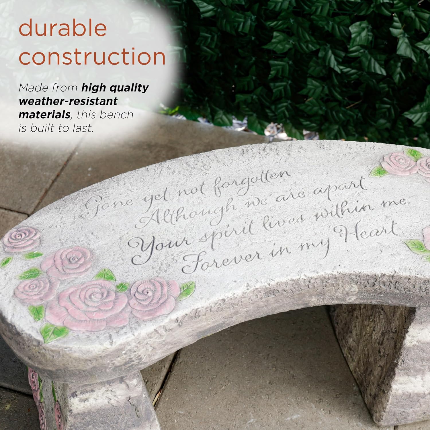 Alpine Corporation Rose Memorial Garden Bench, YEN626S - 29" Long, Outdoor Garden Décor Bench with Carved Sentiment Gone Yet Not Forgotten, Pink Roses