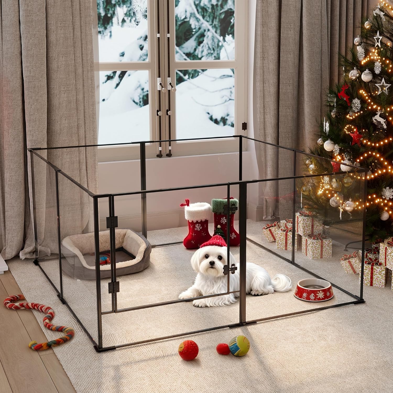 Acrylic Dog playpen Indoor: Clear Puppy Pen for Small Medium Dogs Cats with Metal Frame - 8panels 24inch Tall Transparent pet Fence with Door for Rabbits Guinea Pig