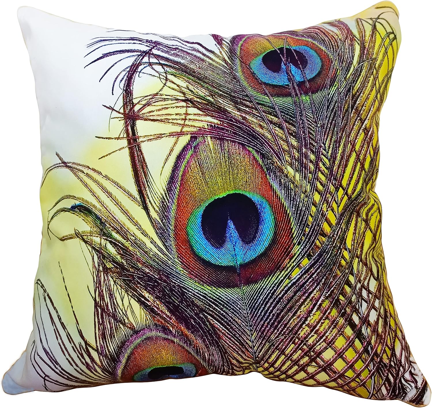 Peacock Feather Throw Pillow Cover 24x24 Inch, Soft Velvet Vibrant Print Boho Decorative Pillowcase for Couch Sofa Bedroom Living Room Home Decor