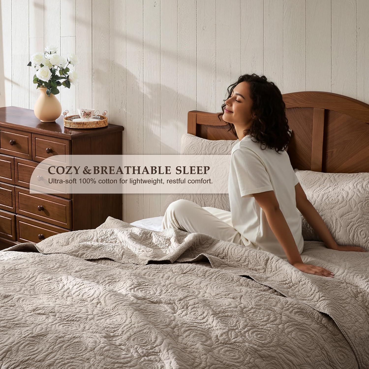 WDCOZY Dark Beige 100% Cotton Quilt King Size Bedding Sets with 2 Pillow Shams, Floral Rosette Lightweight Bedspread Soft Farmhouse Patterned Coverlet Quilted Comforter Bed Cover All Season, 3 Pieces