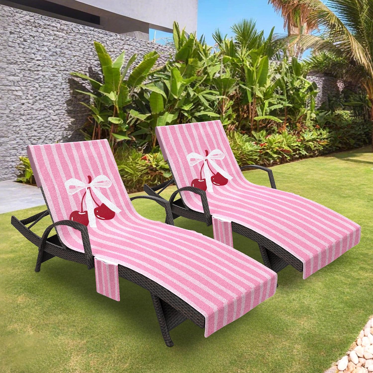 AELS Lounge Chair Towel Cover, Pack of 2 - Microfiber Beach Towels with Pockets, Fits Outdoor Garden Beach Hotel Pool Chairs, Non-Slip & Portable Design, 85" X 30", Pink Cherry Bow Stripes