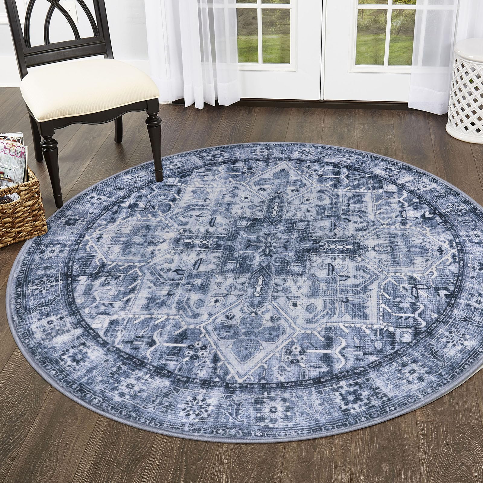 SIILOOM 5' Round Washable Rug for Entryway, Blue Soft Printed Area Rug, Non-Slip Kitchen Rugs, Low-Pile Medallion Indoor Door Mat, Small Farmhouse