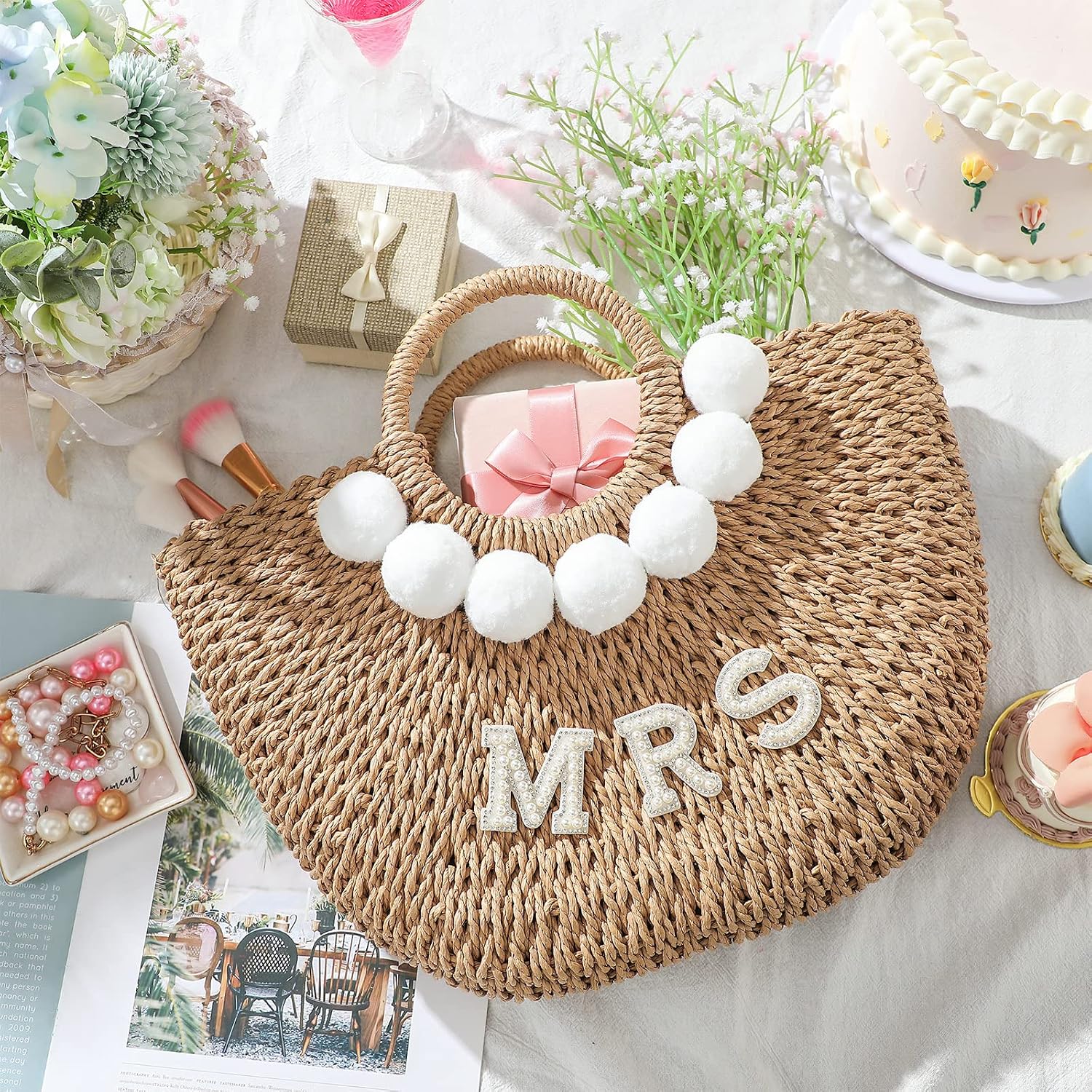 Pinkunn Bride Gift Beach Bag Mrs Handwoven Straw Bag Rhinestone Pearl Letters Purse Bachelorette Wedding Honeymoon Essentials | Bride Gift