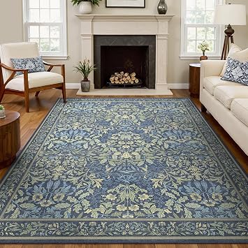 Bavni 4x6 Area Rugs for Living Room, Floral Rug Machine Washable Non Slip, Vintage Boho Forest Carpet, Soft Low Pile Thin Lightweight Rugs for Bedroom, Farmhouse, Dining Room Office, Dark Blue